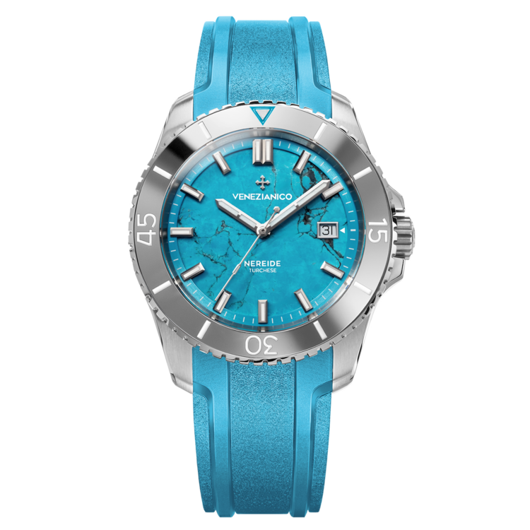 VENEZIANICO Venezianico Nereide Turchese - 4521547 CASE MATERIAL: 316L Stainless Steel DIAL: Turquoise stone DIMENSIONS: Ø42mm, lug to lug 49mm  MOVEMENT: Automatic Cal. Sellita SW200-1 Swiss Made CRYSTAL: Sapphire