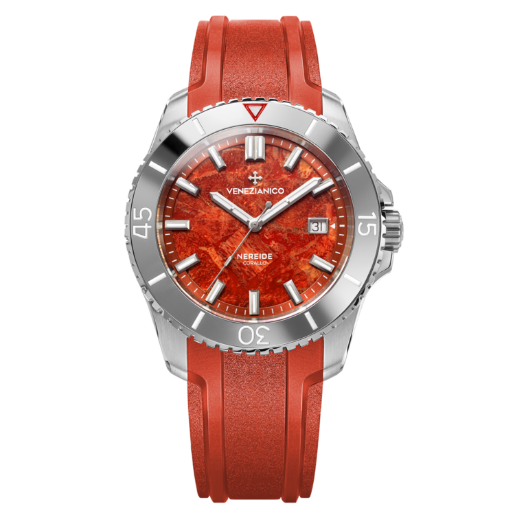 VENEZIANICO Venezianico Nereide Corallo - 4521546 CASE MATERIAL: 316L Stainless Steel DIAL: Madreporic coral, mosaic composition DIMENSIONS: Ø42mm, lug to lug 49mm  MOVEMENT: Automatic Cal. Sellita SW200-1 Swiss Made, custom rotor CRYSTAL: Saphire