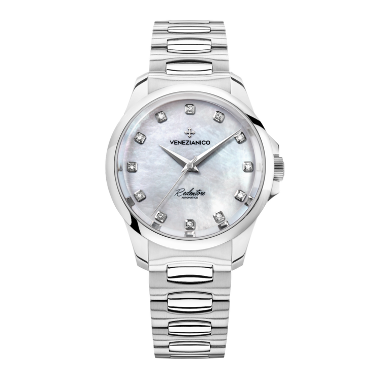 VENEZIANICO Venezianico Redentore 36 Diamond - 1121520C CASE MATERIAL: Stainless Steel DIMENSIONS: Ø36mm, lug to lug 42.2mm DIAL: Mother-of-Pearl, 12 Diamonds (0.14 Carats) MOVEMENT: Automatic Cal. NH35A CRYSTAL: Sapphire