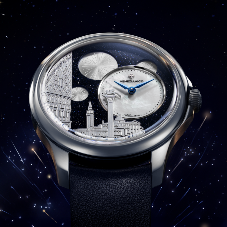 VENEZIANICO Venezianico Redentore Bellanotte - 1221575 , CASE MATERIAL: 316L Stainless Steel FEATURES: Off-center dial MATERIALS: Aventurine, mother-of-pearl, brass DIMENSIONS: Ø40mm, lug to lug 46.7mm, thickness 11.5mm MOVEMENT: Automatic Cal. NH05A CRYSTAL:Sapphire