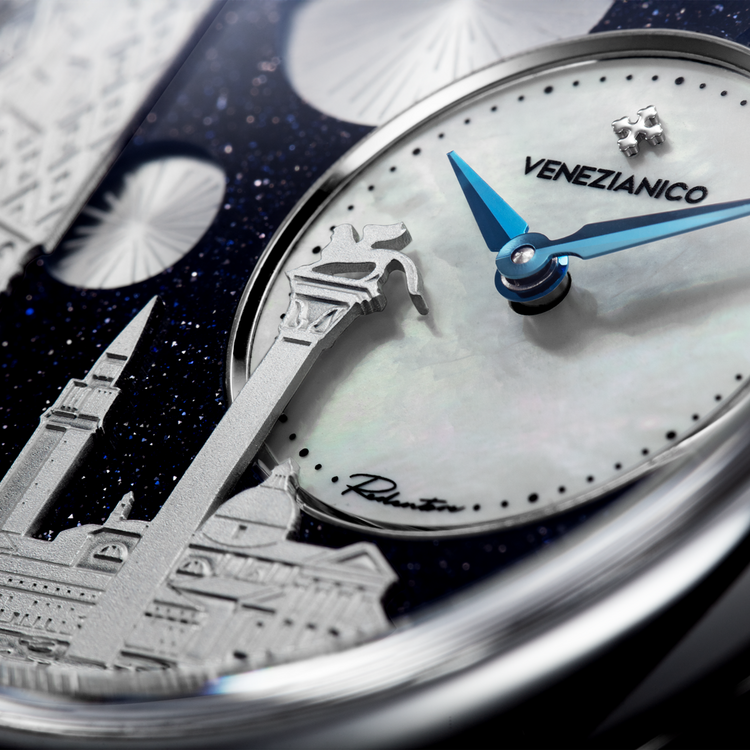 VENEZIANICO Venezianico Redentore Bellanotte - 1221575 , CASE MATERIAL: 316L Stainless Steel FEATURES: Off-center dial MATERIALS: Aventurine, mother-of-pearl, brass DIMENSIONS: Ø40mm, lug to lug 46.7mm, thickness 11.5mm MOVEMENT: Automatic Cal. NH05A CRYSTAL:Sapphire