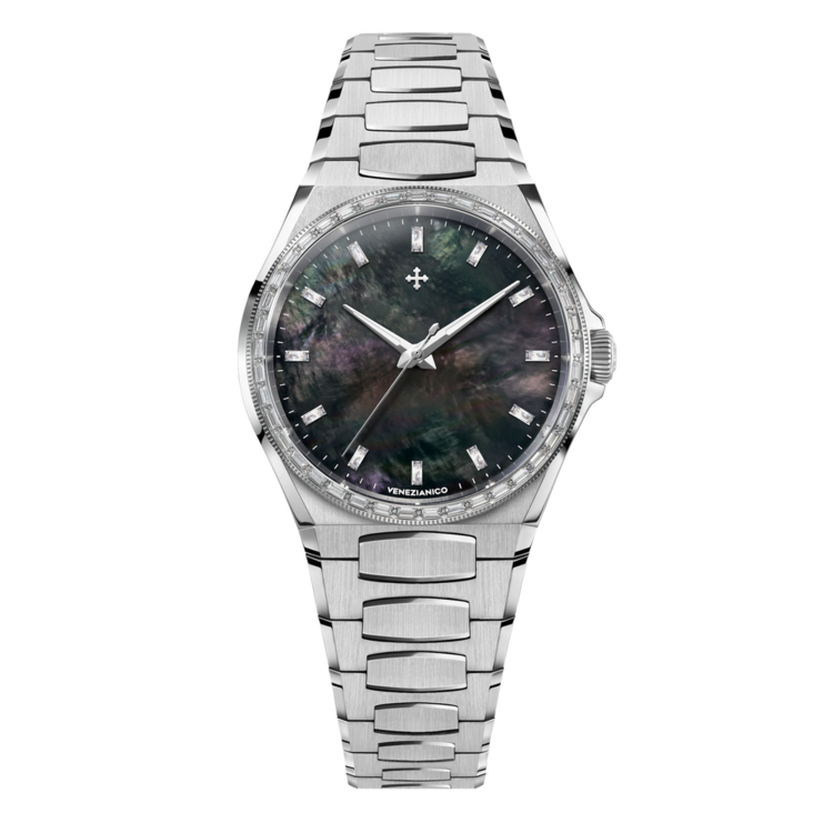 VENEZIANICO Venenianico Arsenale Moissanite - 6121514C ,DIMENSIONS: Ø37mm, including crystal BEZEL: Stainless Steel, with baguette-cut lab-grown moissanite , hand-set DIAL: Mother of pearl, indexes with baguette-cut lab-grown moissanite, MOVEMENT: Miyota 9039