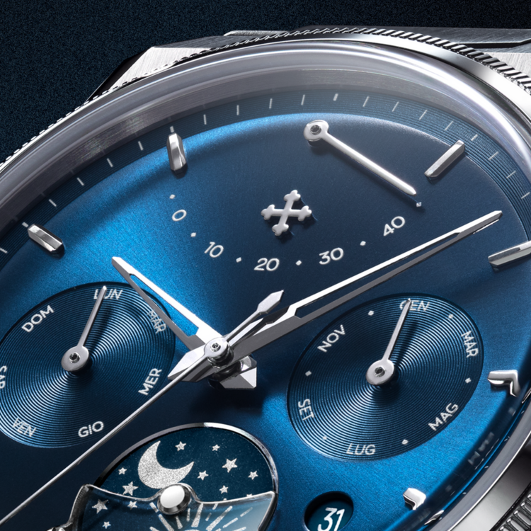 VENEZIANICO Venezianico Arsenale Calendario - 6221580C , CASE: 316L stainless steel, satin finish DIMENSIONS: Ø40mm, lug-to-lug 44.00 mm, 9.6 mm thickness (glass excluding) CRYSTAL: Double domed sapphire crystal, MOVEMENT: Miyota 9100 automatic