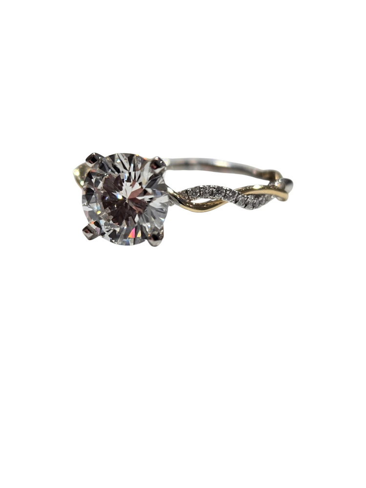 PEJAY (X) 14K 1.50CT LAB F VS2 .22MT , WHITE & YELLOW GOLD BRIDAL TWIST DESIGNED RING,  1.50CT ROUND LAB GROWN DIAMOND CENTER IGI CERTIFIED # LG644470115,  .22CTS ON THE SETTING