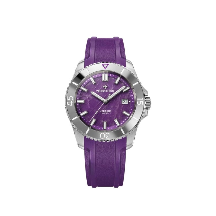 VENEZIANICO Venezianico Nereide Ametista - 4521545 CASE MATERIAL: 316L Stainless Steel DIAL: Natural Amethyst Stone DIMENSIONS: Ø42mm, lug to lug 49mm  MOVEMENT: Automatic Cal. Sellita SW200-1 Swiss Made, CRYSTAL: Saphire