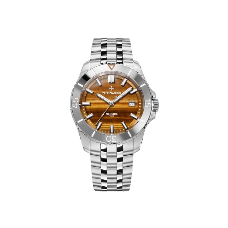 VENEZIANICO Venezianico Nereide Tigris 4521543S - 4521 CASE MATERIAL: 316L Stainless Steel DIAL: 24k Gold Treatment, Rippled Finish DIMENSIONS: Ø42mm, lug 40mm MOVEMENT: Sellita SW-200 Swiss Made CRYSTAL: Sapphire with Anti-Reflective Coat