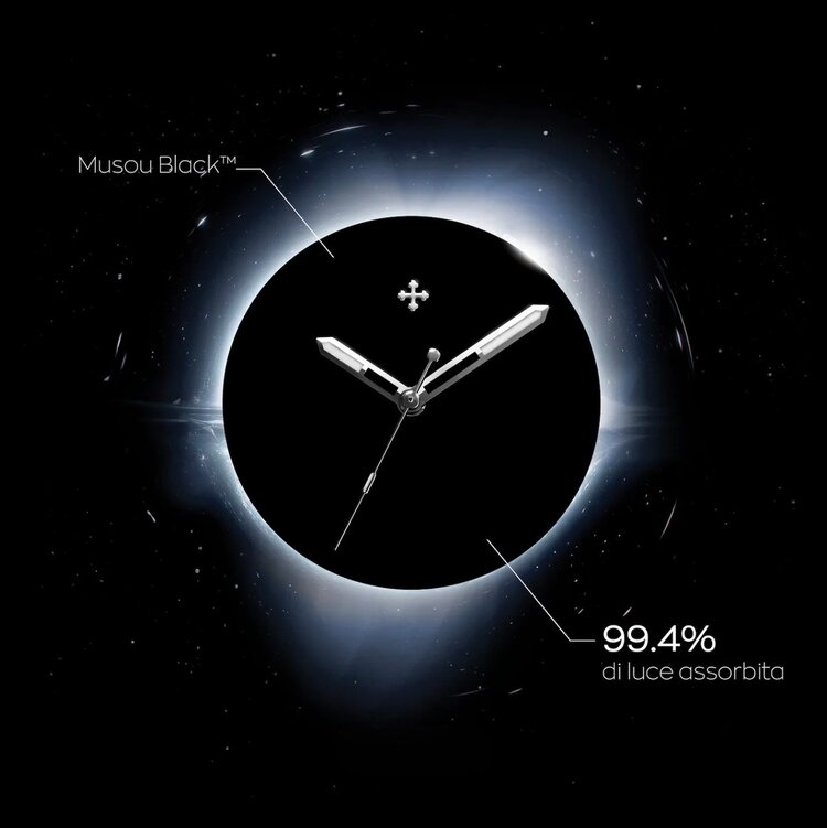VENEZIANICO Venezianico Nereide Ultrablack - 3921510 CASE MATERIAL: 316L Stainless Steel DIMENSIONS: Ø42mm, lug-to-lug 49mm, DIAL: Musou Black™, 99.4% light absorbent MOVEMENT: Cal 9H35A Automatic CRYSTAL: Sapphire