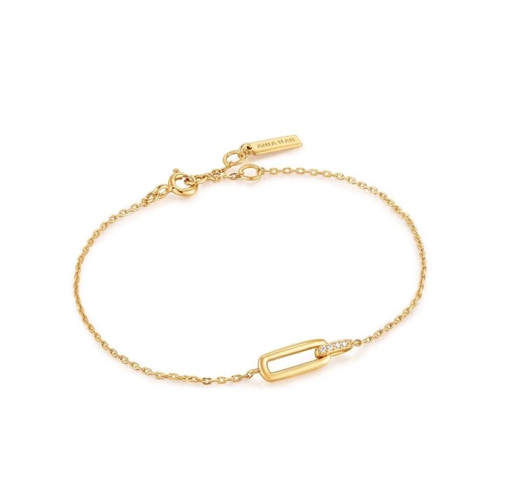 ANIA HAIE Gold Glam Interlock Bracelet • Material: 925 Sterling Silver with 14kt Gold Plating and Cubic Zirconia • Bracelet length: 165mm with 20mm extender • Weight: 1.4g