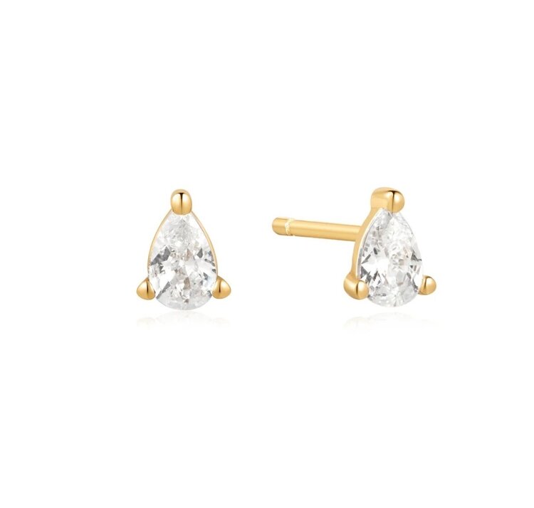 ANIA HAIE Miss Twinkle Gold Pear Stud Earrings • Material: 925 Sterling Silver with 14k Gold Plating with Cubic Zirconia • Earring Size: 4.5 x 3.5mm • Weight: 0.6g