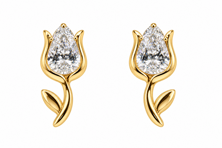 VITHAL (X) 14K .40CT LAB VS1E , YELLOW GOLD LAB GROWN DIAMOND EARRINGS, TWO PEAR SHAPED DIAMONDS SET INTO ROSE DESIGN
