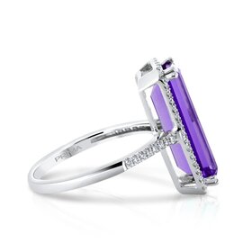 PRIMA NEW YORK (X) 14K 4.32AM .22DIA , WHITE GOLD RING, ELONGATED EMERALD CUT AMETHYST 4.32CT CENTER WIT .22 CARATS OF NATURAL DIAMONDS