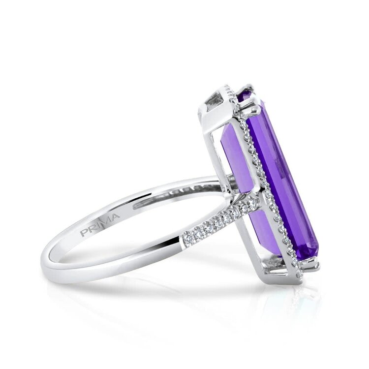 PRIMA NEW YORK (X) 14K 4.32AM .22DIA , WHITE GOLD RING, ELONGATED EMERALD CUT AMETHYST 4.32CT CENTER WIT .22 CARATS OF NATURAL DIAMONDS
