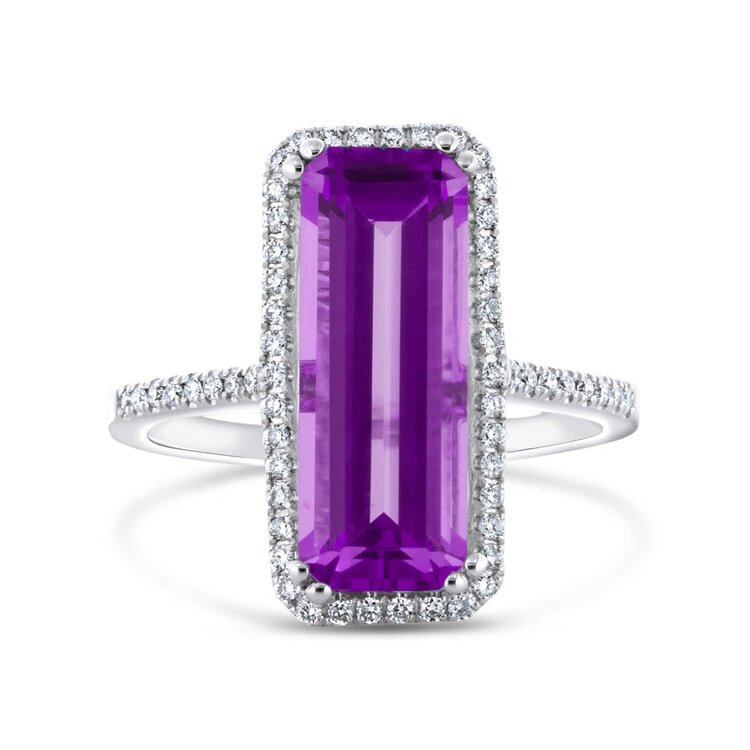 PRIMA NEW YORK (X) 14K 4.32AM .22DIA , WHITE GOLD RING, ELONGATED EMERALD CUT AMETHYST 4.32CT CENTER WIT .22 CARATS OF NATURAL DIAMONDS