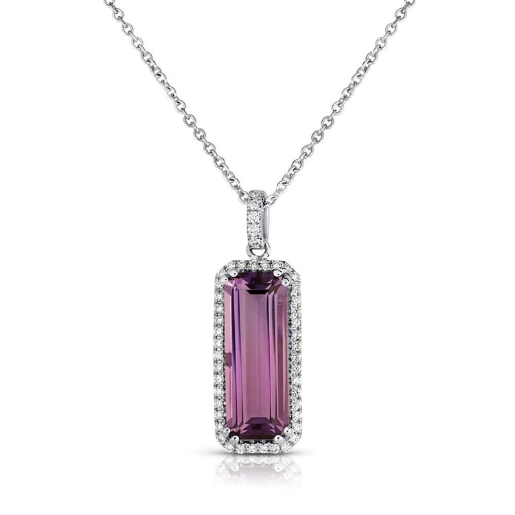 PRIMA NEW YORK (X) 14K 4.06AM .19DIA , WHIYE GOLD PENDANT, 4.06 CARAT ELONGATED EMERALD CUT AMETHYST , .19 CARATS OF NATURAL DIAMONDS