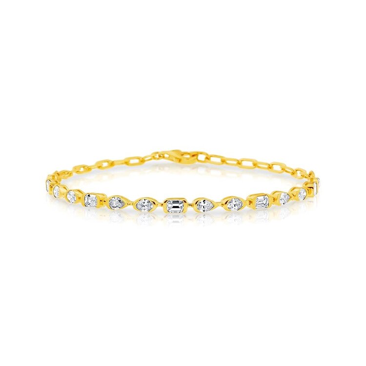 PRIMA NEW YORK (X) 14K 2.10CTS VS1 F DIA , YELOW GOLD MULTI SHAPE NATURAL DIAMOND TENNIS BRACELET WITH PAPERCLIP CHAIN DESIGN, PEAR, OVAL, & EMERALD CUT SHAPED DIAMONDS