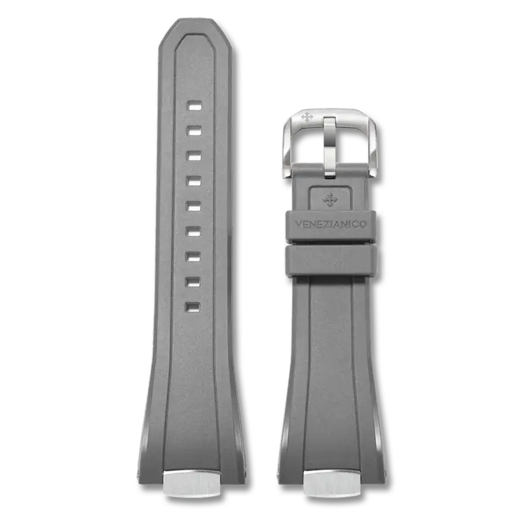 Integrated Rubber Strap for Arsenale 40 - Anthracite MATERIAL: TPU Rubber DIMENSIONS: 110 x 75 mm ATTACHMENT: Screw-in central link BUCKLE: Stainless steel