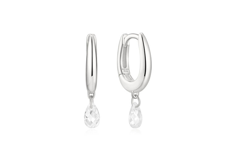 ANIA HAIE 925 Sterling Silver Teardrop Dangle Huggie Hoop Earrings Cubic Zirconia Stones