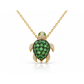 DIAMOND TRADERS INTERNATIONAL (Y) 14KY .06 DIAMOND 0.38CT TSAVORITE TURTLE PENDANT WITH 18 INCH ADJUSTABLE CHAIN