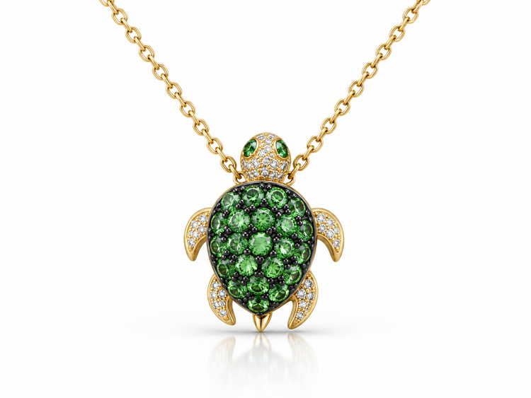 DIAMOND TRADERS INTERNATIONAL (Y) 14KY .06 DIAMOND 0.38CT TSAVORITE TURTLE PENDANT WITH 18 INCH ADJUSTABLE CHAIN