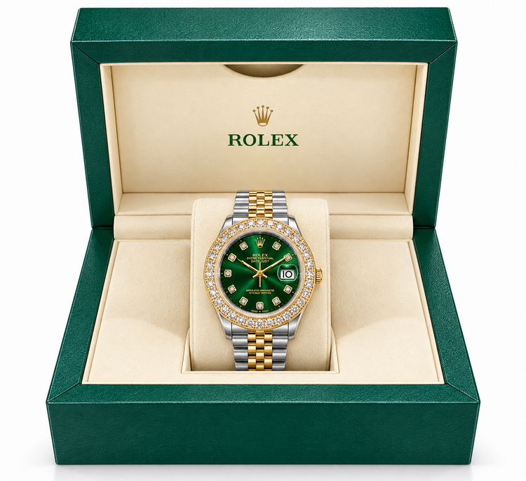 ROLEX DATEJUST, 14K YELLOW GOLD & STAINLESS STEEL, GREEN DIAL, 36MM CASE, 1969, REF# 1601, SERIAL# 1985812, 6.35 CARATS OF NATURAL DIAMONDS, COMES WITH (BOX , CARD, AND CARD HOLDER THAT IS NOT ORIGINAL)