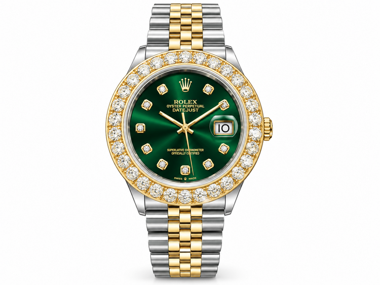 ROLEX DATEJUST, 14K YELLOW GOLD & STAINLESS STEEL, GREEN DIAL, 36MM CASE, 1969, REF# 1601, SERIAL# 1985812, 6.35 CARATS OF NATURAL DIAMONDS, COMES WITH (BOX , CARD, AND CARD HOLDER THAT IS NOT ORIGINAL)