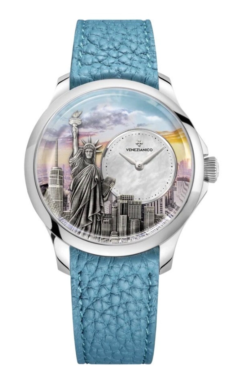 VENEZIANICO Redentore - Two Harbors Limited Edition CASE MATERIAL: 316L Stainless Steel FEATURES: Off-center dial DIAL: Four-level structure featuring mother-of-pearl and rhodium-plated bas-reliefs of Statue of Liberty DIMENSIONS: Ø40mm, 46.7mm lug to lug, 11.5mm thi