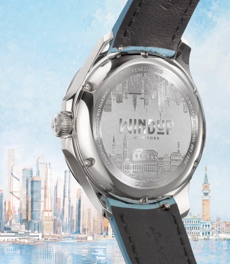 VENEZIANICO Redentore - Two Harbors Limited Edition CASE MATERIAL: 316L Stainless Steel FEATURES: Off-center dial DIAL: Four-level structure featuring mother-of-pearl and rhodium-plated bas-reliefs of Statue of Liberty DIMENSIONS: Ø40mm, 46.7mm lug to lug, 11.5mm thi