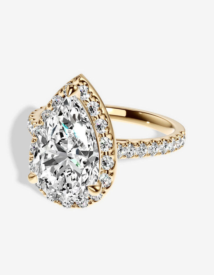 DIAMOND TRADERS INTERNATIONAL (Z) 14K 4CT LAB .65MTG , 14K YELLOW GOLD LAB GROWN DIAMOND BRIDAL RING, HALO DESIGN, PEAR SHAPE CENTER, ROUND DIAMONDS ON THE SETTING WEIGHTING APPROX .62CTS, IGI CERTIFIED # LG-KR37286D400-GY6