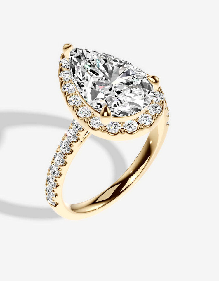 DIAMOND TRADERS INTERNATIONAL (Z) 14K 4CT LAB .65MTG , 14K YELLOW GOLD LAB GROWN DIAMOND BRIDAL RING, HALO DESIGN, PEAR SHAPE CENTER, ROUND DIAMONDS ON THE SETTING WEIGHTING APPROX .62CTS, IGI CERTIFIED # LG-KR37286D400-GY6