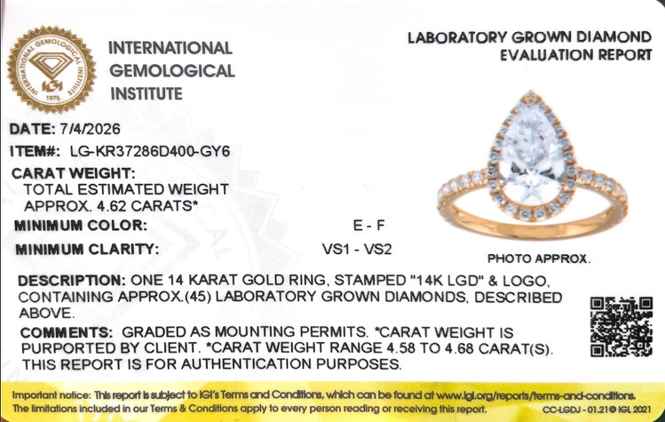 DIAMOND TRADERS INTERNATIONAL (Z) 14K 4CT LAB .65MTG , 14K YELLOW GOLD LAB GROWN DIAMOND BRIDAL RING, HALO DESIGN, PEAR SHAPE CENTER, ROUND DIAMONDS ON THE SETTING WEIGHTING APPROX .62CTS, IGI CERTIFIED # LG-KR37286D400-GY6