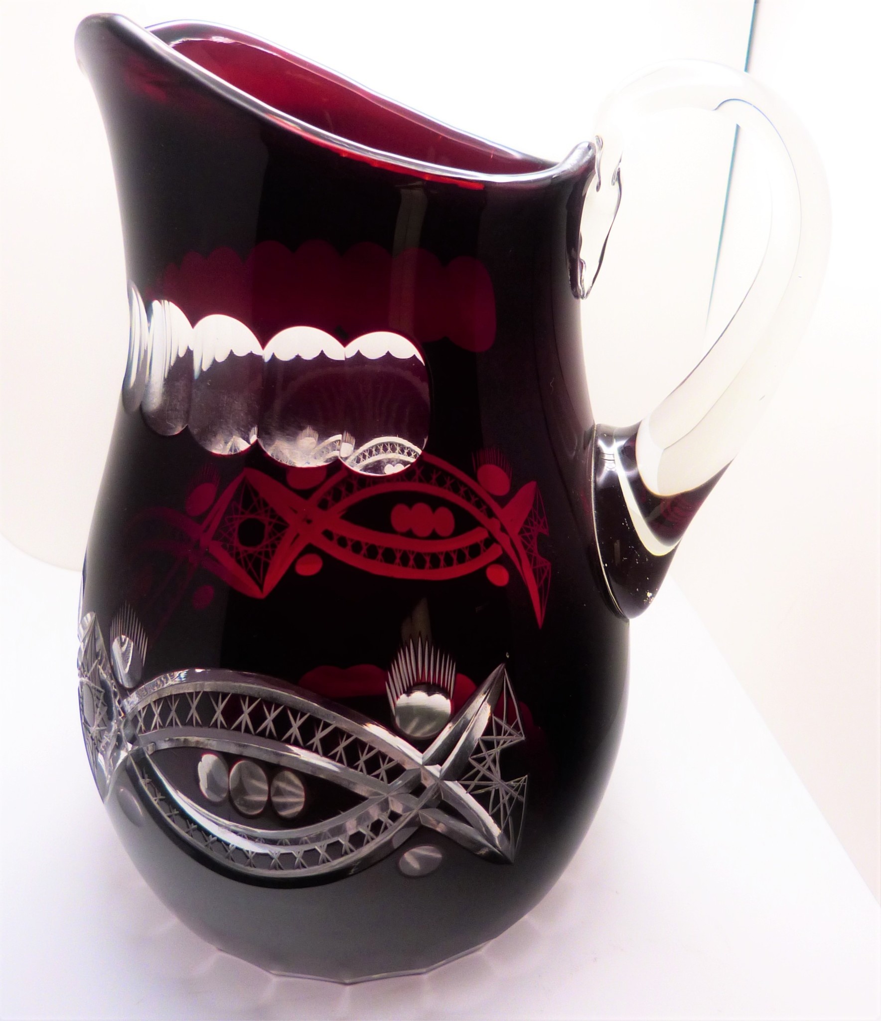 Tall Pressed Clear Glass Water Pitcher Diamond and Leaf Pattern - Ruby Lane