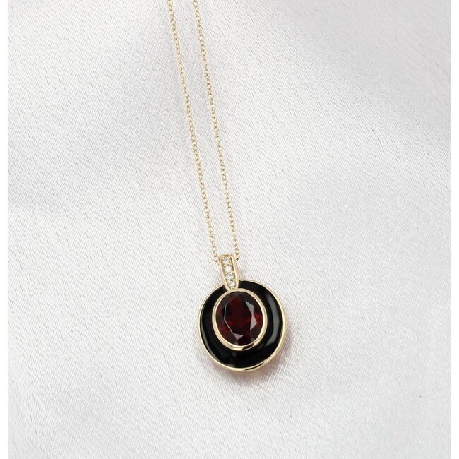 Garnet & Diamond Enamel Pendant in 10K Yellow Gold