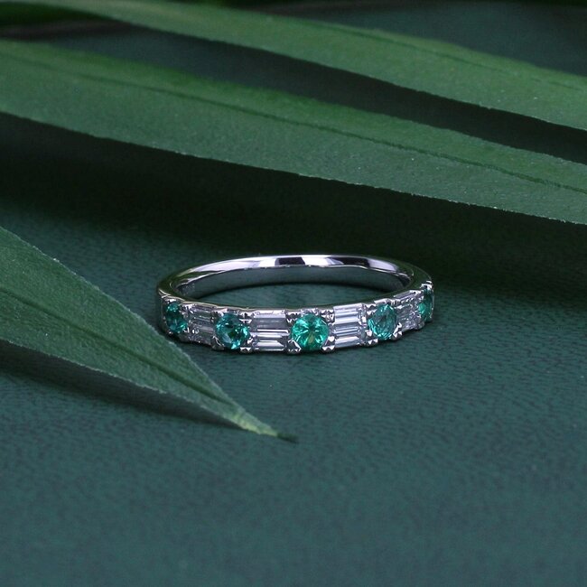 Emerald & Emerald Cut Diamond Band in 14K White Gold
