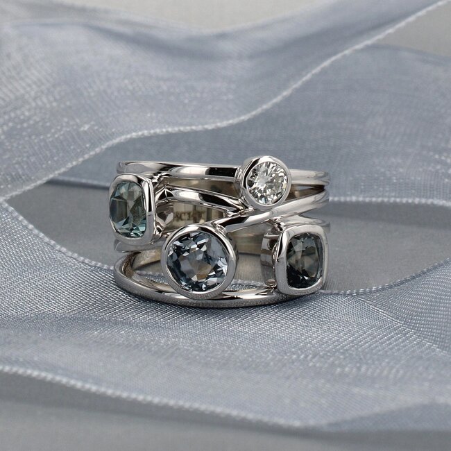 Montana Sapphire & Diamond Custom-Made Bezel-Set Open Ring in 14K White Gold