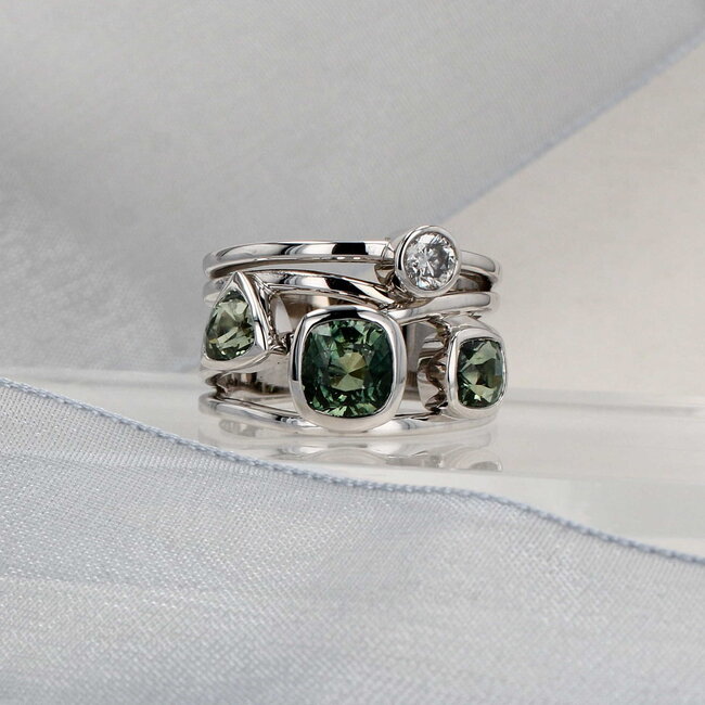 Montana Sapphire & Diamond Custom-Made Bezel-Set Open Ring in 14K White Gold