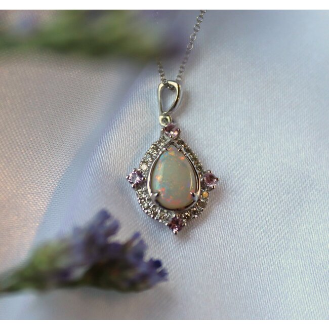 Opal, Pink Sapphire & Diamond Vintage Pendant in 10K White Gold