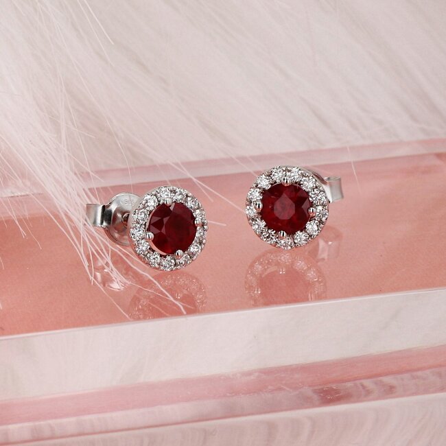 Custom-Made Ruby & Diamond Halo Stud Earrings in 14K White Gold