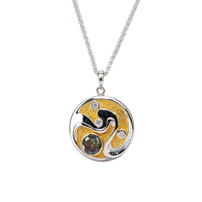 Silver & 23k Gold Gilded Whirlpool Pendant with  Mystic Blue Moissanite