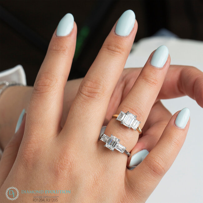 Trinity Emerald Lab Grown Diamond Engagement Ring in 14K Yellow & White Gold