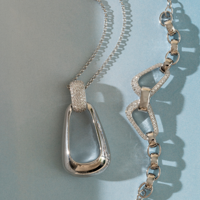 ELLE Citadel Rhodium Plated Cubic Zirconia Oblong Pendant Necklace
