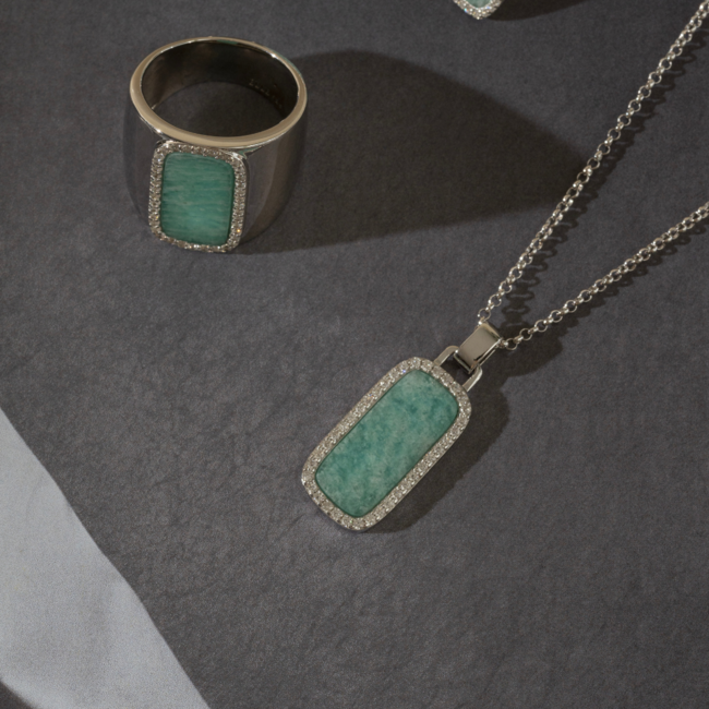 ELLE Allure Rhodium Plated Amazonite Halo Pendant Necklace