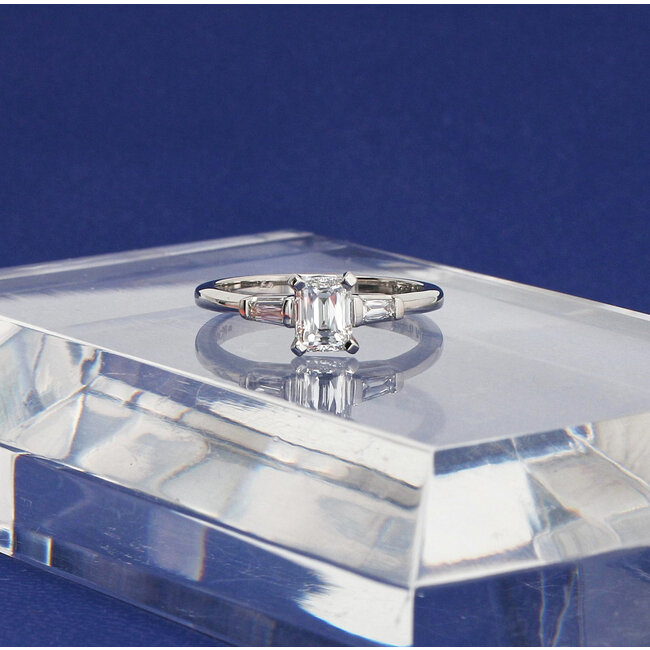 Three Stone Emerald Cut Diamond Engagement Ring in 18K White Gold