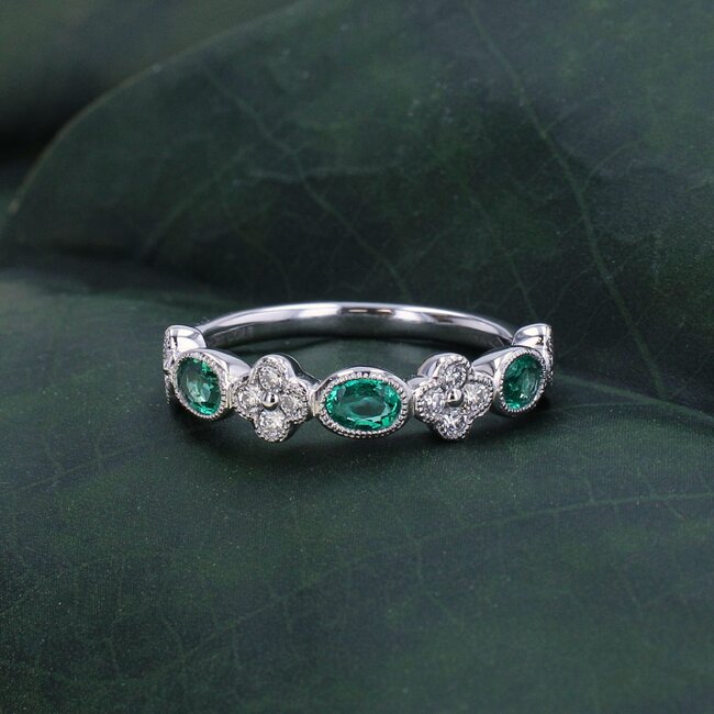 Oval Cut Emerald & Round Brilliant Cut Diamond Band in 14K White Gold