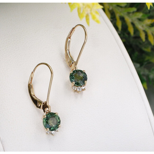 Green Sapphire & Diamond Leverback Earrings