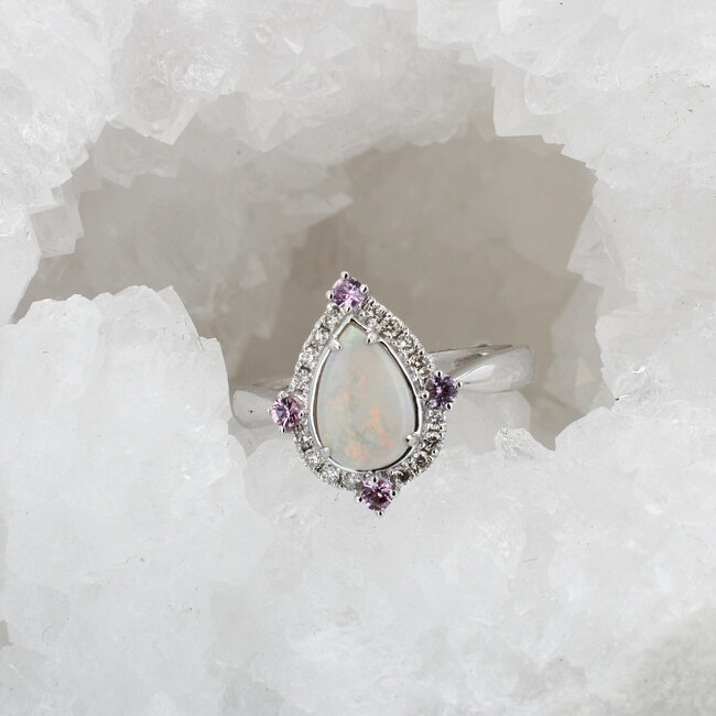 Opal, Pink Sapphire & Diamond Vintage Ring in 10K White Gold
