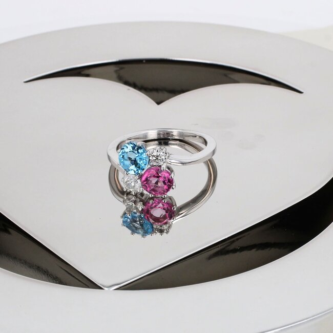 Blue Topaz, Pink Topaz & Diamond Cluster Ring in 10K White Gold