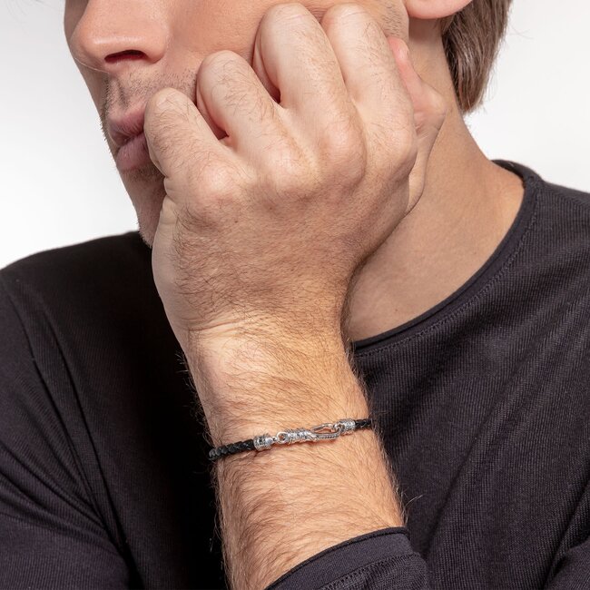 Black Leather Large Lobster Clasp Bracelet