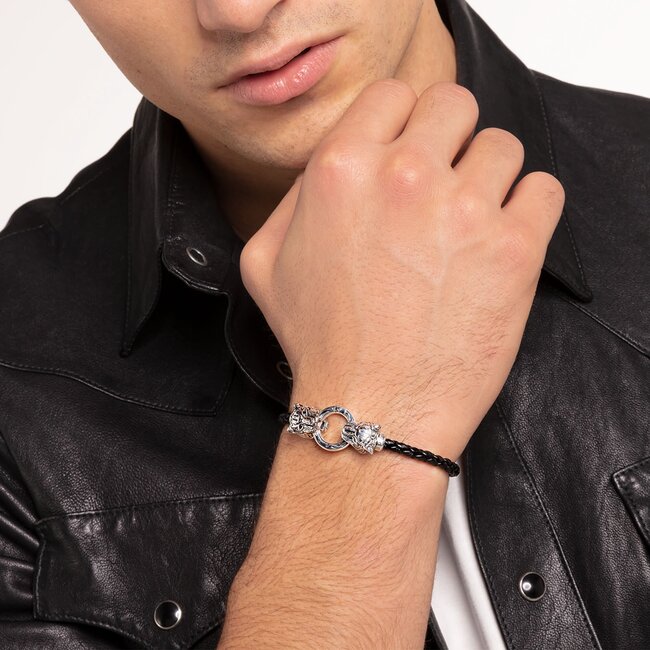 Black Leather Tiger Clasp Bracelet