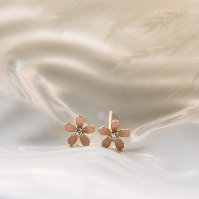 Kids Gold Vermeil Pink Enamel Flower Studs