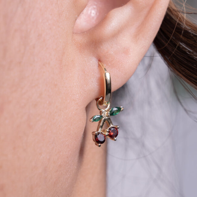 Cubic Zirconia Cherry Drop Hoop Earrings in Sterling Silver Gold Vermeil